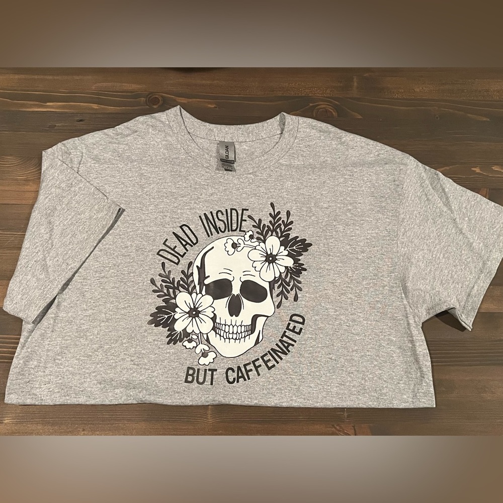 Grey Skeleton Tee Dead Inside But Caffeinated Tee BRAND NEW - Picture 2 of 2